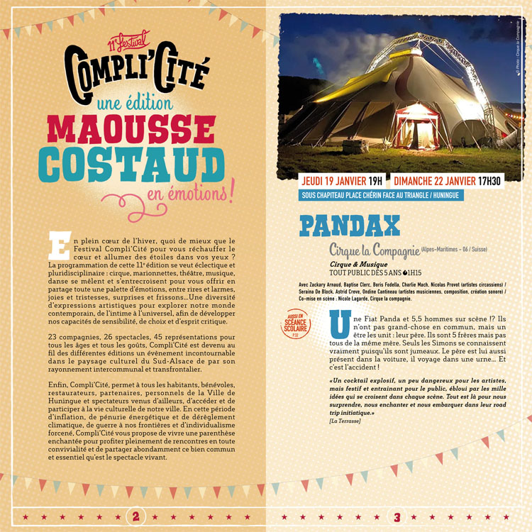 Extrait du programme du festival Compli'Cité de Huningue, maquette et mise en page Fabien Veançon