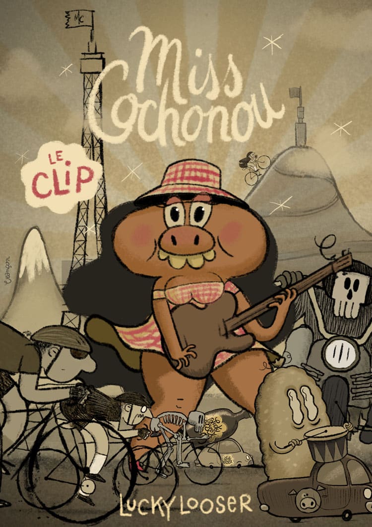 Fabien Veançon signe la réalisation et les illustrations de l'animation du clip vidéo Miss Cochonou de Lucky Looser sur les traces du Tour de France