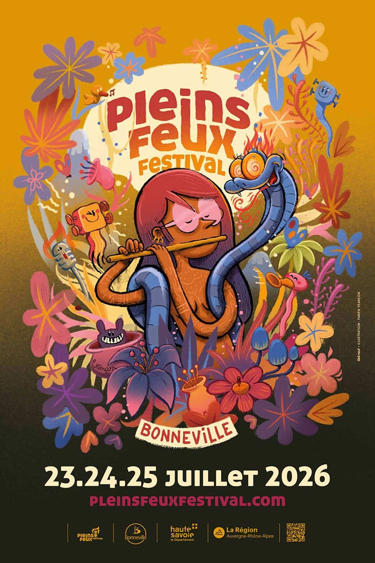 La charmeuse de serpent : Affiche du festival de musique Pleins Feux de Bonneville, design graphique de Fabien Veançon