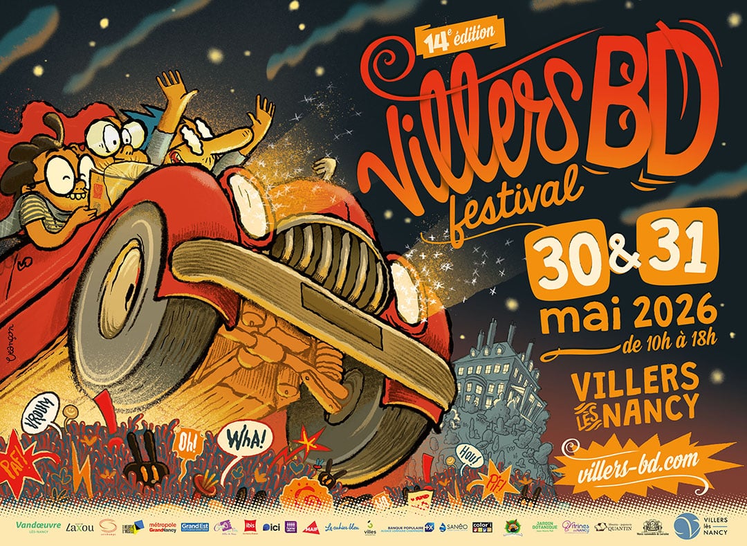 L’affiche du Festival Villers BD 2026, illustration d’une automobile roulant à tombeau ouvert dans la nuit, éclairant de ses phares les phylactères dans le gazon du château Madame de Graffigny.