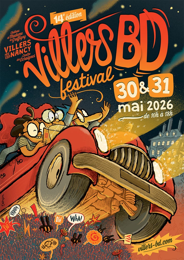 L’affiche du Festival Villers BD 2026, illustration d’une automobile roulant à tombeau ouvert dans la nuit, éclairant de ses phares les phylactères dans le gazon du château Madame de Graffigny.