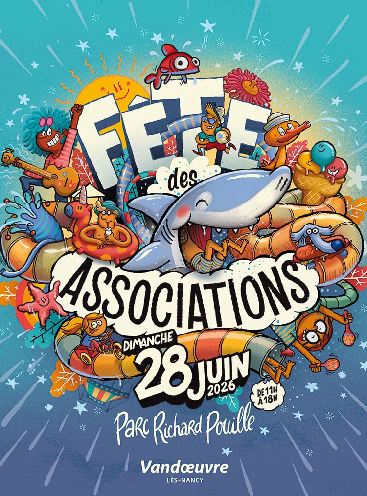 Affiche illustrée réalisée pour la Fête des Associations 2026 de Vandœuvre-lès-Nancy. Cette création originale met en scène un univers estival et festif où un immense chapiteau gonflable accueille une multitude de personnages hauts en couleur. Musique, sport, culture, loisirs et convivialité se mêlent dans une composition dynamique dominée par un requin souriant, symbole de l'énergie et de la diversité du monde associatif. Cette illustration a été conçue pour promouvoir l'événement tout en valorisant la richesse des associations locales à travers un style graphique ludique, détaillé et accessible à tous les publics.
