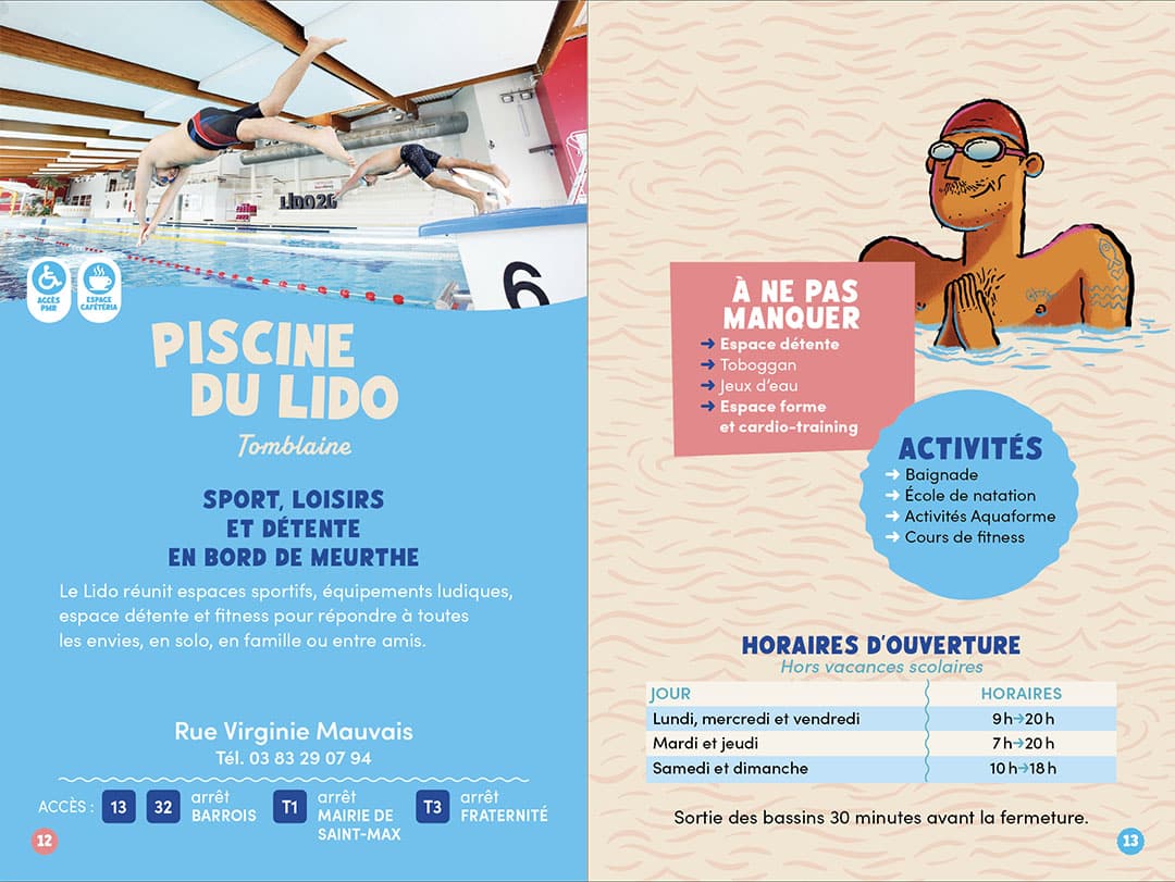 Double page du guide Aquapôle consacrée à la piscine du Lido à Tomblaine, avec photo du bassin, informations pratiques, horaires et illustration d’un nageur.