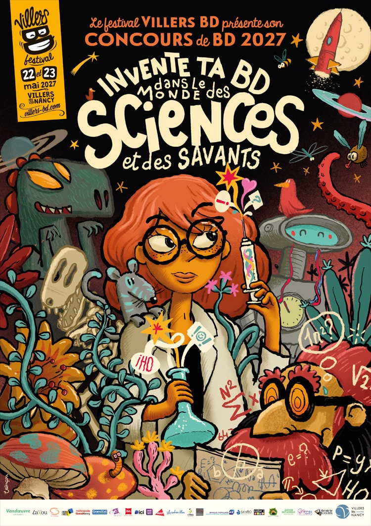 Affiche illustrée pour le concours de bande dessinée du festival Villers BD 2027, à Villers-lès-Nancy. Sur le thème « Invente ta BD dans le monde des sciences et des savants », elle réunit botanique, robotique, astronomie et paléontologie