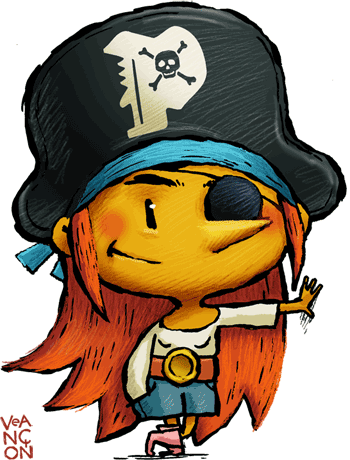 character design : dessin de mascotte pirate féminine pour Pirates Prod