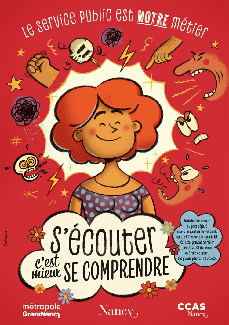 Affiche « S’écouter, c’est mieux se comprendre » : une agente souriante entourée de cris, d’un poing levé et de symboles de colère.
