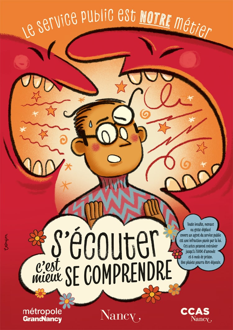 Affiche « S’écouter, c’est mieux se comprendre » : un agent déstabilisé entre deux grandes bouches qui lui crient dessus.